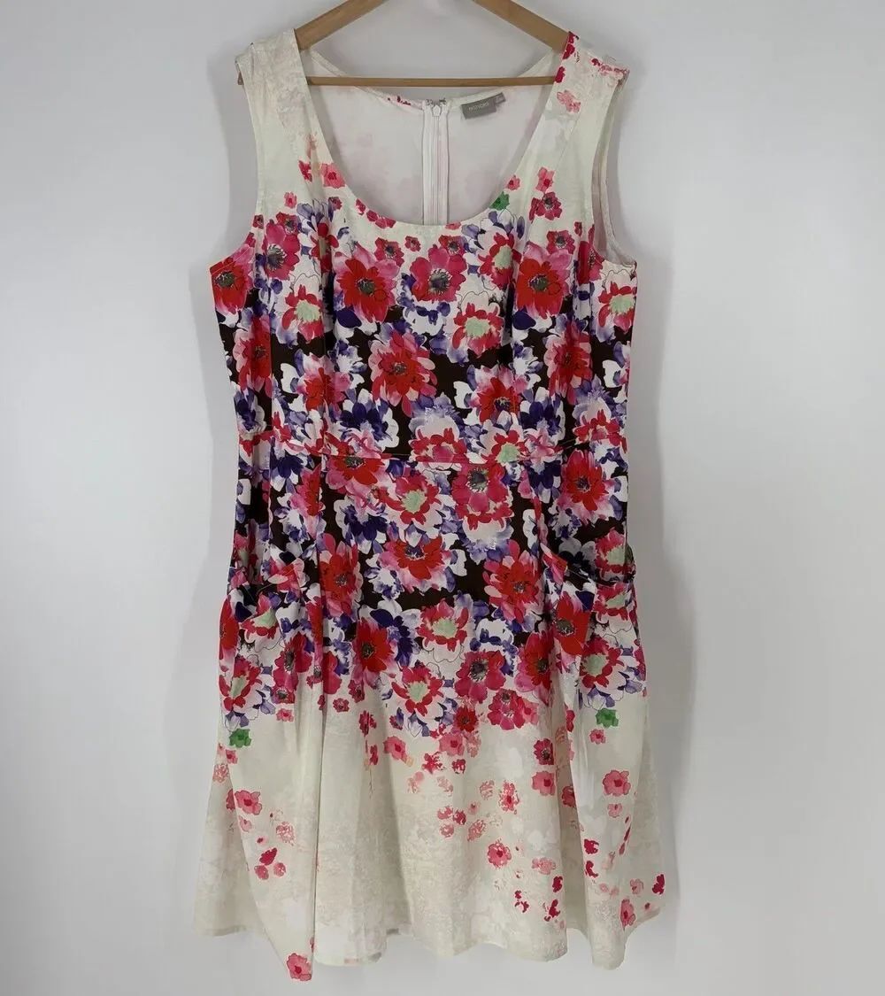 eShakti Dress Size 2X 22W Womens White Pink Floral Print Pockets Fit Flare Tea